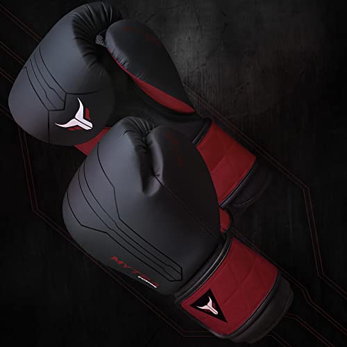 Mytra Fusion Guantes Boxeo Incluido con envolturas para Manos Gratis Guantes de Boxeo MMA Training Guantes Muay Thai Guantes Boxeo Mujer y Hombre (16-oz, Black/Maroon)