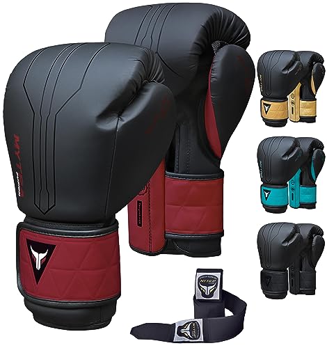 Mytra Fusion Guantes Boxeo Incluido con envolturas para Manos Gratis Guantes de Boxeo MMA Training Guantes Muay Thai Guantes Boxeo Mujer y Hombre (16-oz, Black/Maroon)