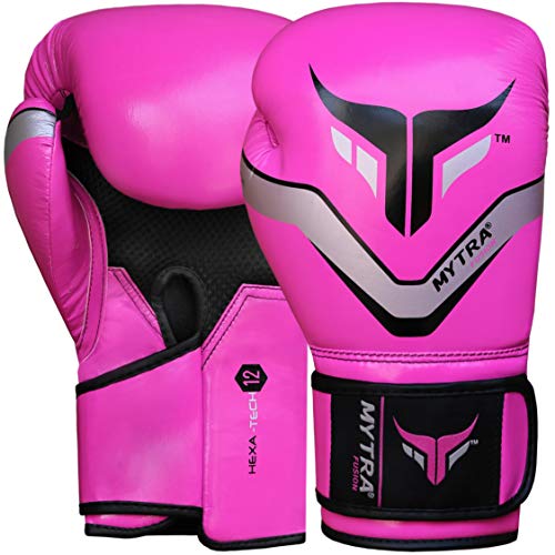 Mytra Fusion Guantes de Boxeo - Guantes de Entrenamiento MMA Punch, Kickboxing, Fitness, Sparring, Muay Thai, Entrenamiento y Lucha (Pink/Grey, 14-oz)