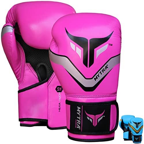 Mytra Fusion Guantes de Boxeo - Guantes de Entrenamiento MMA Punch, Kickboxing, Fitness, Sparring, Muay Thai, Entrenamiento y Lucha (Pink/Grey, 14-oz)