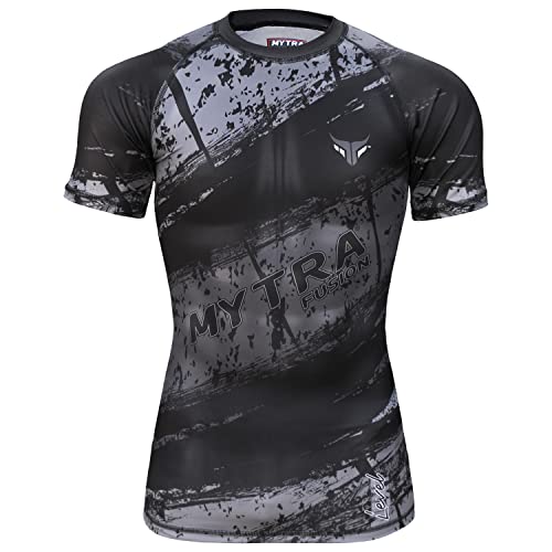 Mytra Fusion Rashguard BJJ Camiseta Compresion Breathable & Ultra Lightweight Rashguard para MMA, Gimnasio, Entrenamiento, Correr y Ciclismo (XL, Black/Grey)