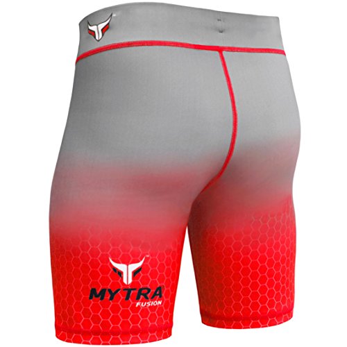 Mytra Fusion Tudo – Pantalones Cortos de compresión Shorts MMA térmica compresión Pantalones Cortos Crossfit Base Capa Running Short Heat Gear Trunks Vale Tudo (Gery, pequeño), Color Rojo