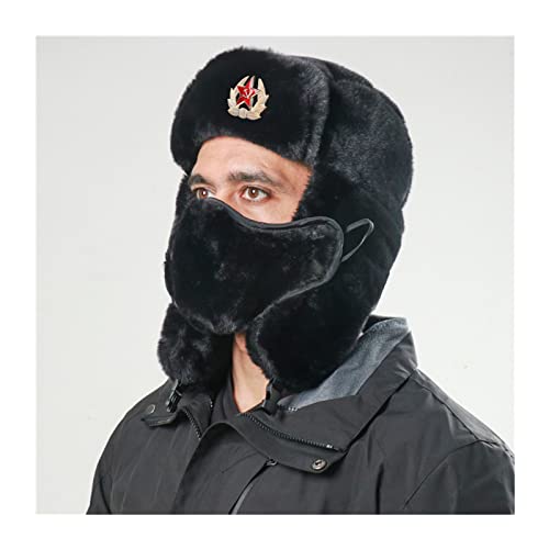 MYXE Gorra de Sombrero de trampero Ruso con Insignia soviética de Piel sintética Ushanka Cossack Flaps Hat para Hombre