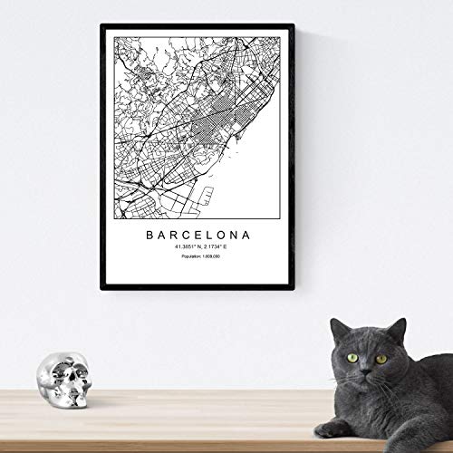 Nacnic Lámina mapa de la ciudad Barcelona estilo nordico en blanco y negro. Poster tamaño A3 Sin marco Impreso papel 250 gr. Cuadros, láminas y posters para salon y dormitorio