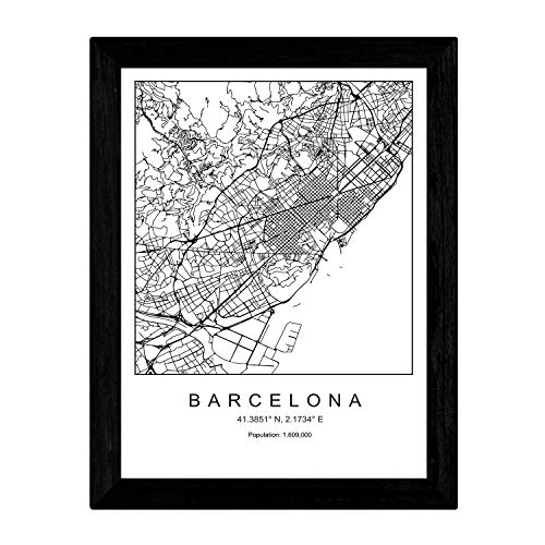 Nacnic Lámina mapa de la ciudad Barcelona estilo nordico en blanco y negro. Poster tamaño A3 Sin marco Impreso papel 250 gr. Cuadros, láminas y posters para salon y dormitorio