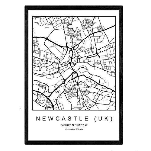 Nacnic Lámina Mapa de la Ciudad Newcastle UK Estilo nordico en Blanco y Negro. Poster tamaño A3 Sin Marco Impreso Papel 250 gr. Cuadros, láminas y Posters para Salon y Dormitorio