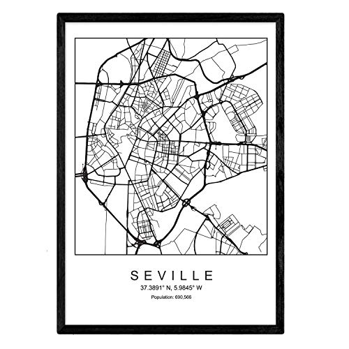 Nacnic Lámina mapa de la ciudad Sevilla estilo nordico en blanco y negro. Poster tamaño A4 Sin marco Impreso papel 250 gr. Cuadros, láminas y posters para salon y dormitorio