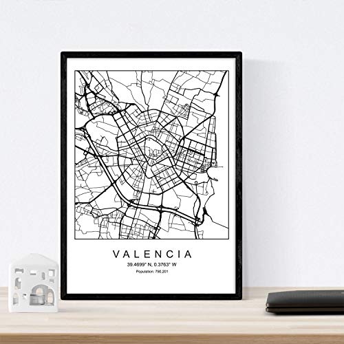 Nacnic Lámina mapa de la ciudad Valencia estilo nordico en blanco y negro. Poster tamaño A3 Enmarcado con marco negro Impreso papel 250 gr. Cuadros, láminas y posters para salon y dormitorio