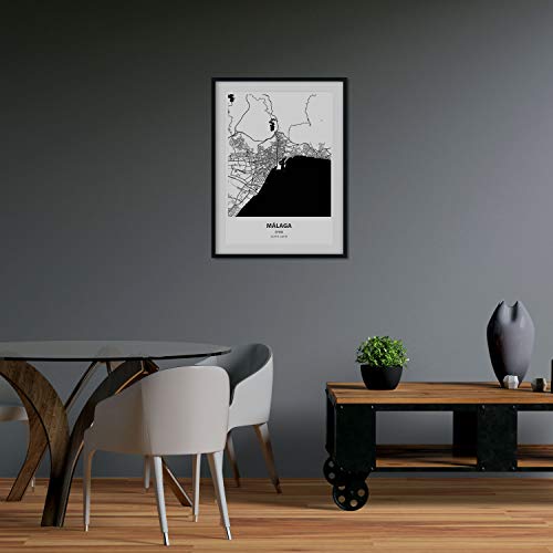 Nacnic Poster con Mapa de Malaga - España. Láminas de Ciudades de España con Mares y ríos en Color Negro. Tamaño A3