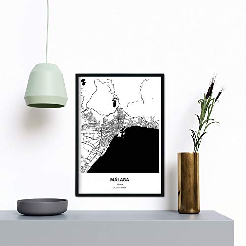 Nacnic Poster con Mapa de Malaga - España. Láminas de Ciudades de España con Mares y ríos en Color Negro. Tamaño A3