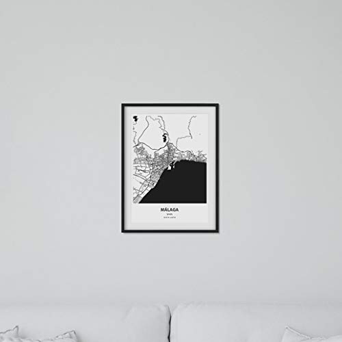 Nacnic Poster con Mapa de Malaga - España. Láminas de Ciudades de España con Mares y ríos en Color Negro. Tamaño A3