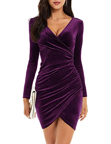 Nadeer Vestido Noche Vestidos Fiesta Mujer, Mini Vestido Fruncido Manga Larga Escote V Cuello Terciopelo para Mujer, Vestido Midi Elegante Ceñido Cuerpo Cóctel(Morado,L)