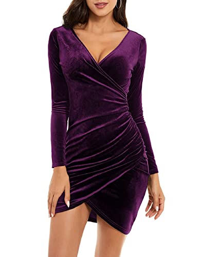 Nadeer Vestido Noche Vestidos Fiesta Mujer, Mini Vestido Fruncido Manga Larga Escote V Cuello Terciopelo para Mujer, Vestido Midi Elegante Ceñido Cuerpo Cóctel(Morado,L)