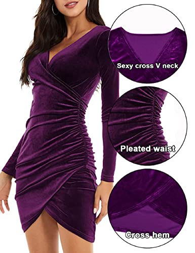 Nadeer Vestido Noche Vestidos Fiesta Mujer, Mini Vestido Fruncido Manga Larga Escote V Cuello Terciopelo para Mujer, Vestido Midi Elegante Ceñido Cuerpo Cóctel(Morado,L)