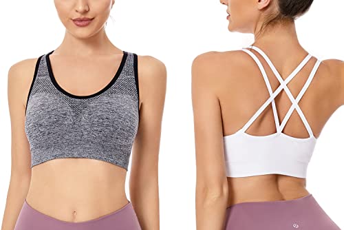 NAKQU Sujetadores Deportivos para Mujer con Espalda Cruzada y Tirantes Acolchados para Yoga, Entrenamiento, Fitness, Soporte Medio, Negro y Blanco y Gris, Large