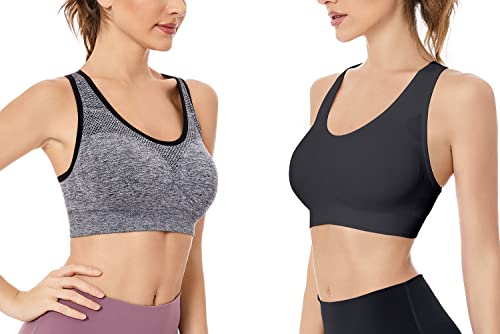 NAKQU Sujetadores Deportivos para Mujer con Espalda Cruzada y Tirantes Acolchados para Yoga, Entrenamiento, Fitness, Soporte Medio, Negro y Blanco y Gris, Large