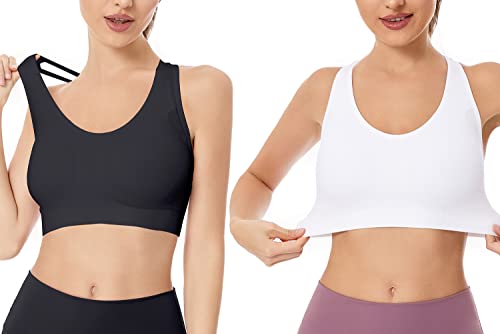 NAKQU Sujetadores Deportivos para Mujer con Espalda Cruzada y Tirantes Acolchados para Yoga, Entrenamiento, Fitness, Soporte Medio, Negro y Blanco y Gris, Large