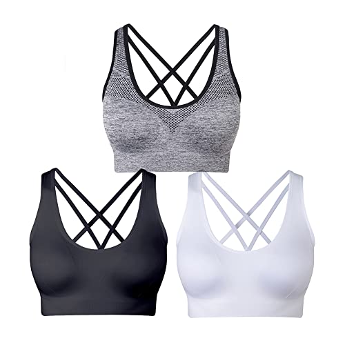 NAKQU Sujetadores Deportivos para Mujer con Espalda Cruzada y Tirantes Acolchados para Yoga, Entrenamiento, Fitness, Soporte Medio, Negro y Blanco y Gris, Large