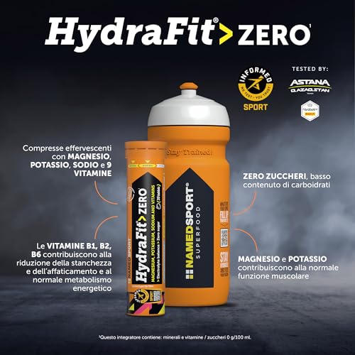 NAMEDSPORT> HydraFit> ZERO, Tabletas efervescentes a base de electrolitos y vitaminas, sin azúcar añadido y sin calorías, 1 paquete de 20 tabletas + Botella de entrenamiento, Marca de Italia