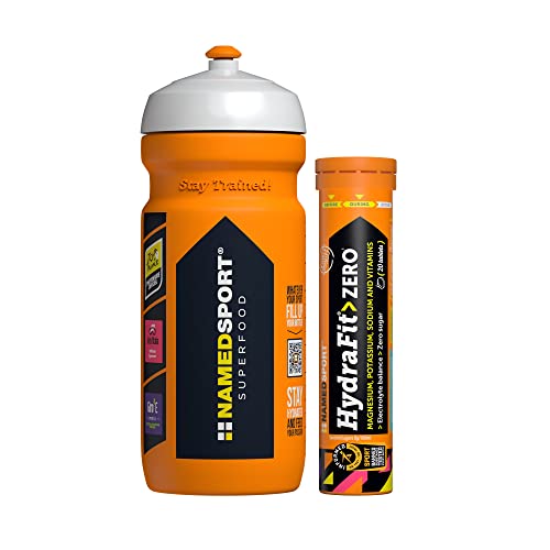 NAMEDSPORT> HydraFit> ZERO, Tabletas efervescentes a base de electrolitos y vitaminas, sin azúcar añadido y sin calorías, 1 paquete de 20 tabletas + Botella de entrenamiento, Marca de Italia