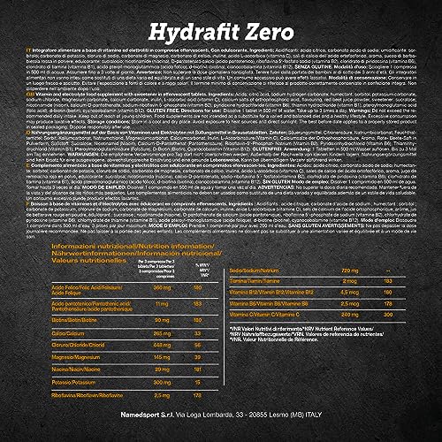 NAMEDSPORT> HydraFit> ZERO, Tabletas efervescentes a base de electrolitos y vitaminas, sin azúcar añadido y sin calorías, 1 paquete de 20 tabletas + Botella de entrenamiento, Marca de Italia