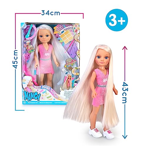 Nancy - Súper Melena, muñeca con el Pelo Super Largo, con Muchos Accesorios para Pintar y Crear Peinados en su Melena Extra Larga, pupurina y mechas, niños y niñas Desde 3 años, Famosa (NAC47000)