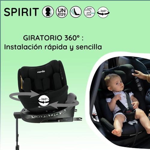 Nania - Silla de auto SPIRIT 360° giratoria - Talla I 40-150 cm - Actualizable desde el nacimiento hasta aprox. 12 años - Grupo 0+/1/2/3 - Fijaciones Isofix + puntal de soporte