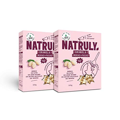 NATRULY Granola BIO Sin Azúcar Refinado, Sin Gluten, Solo Frutos Secos y Semillas, Sin Cereales, Sabor Moras y Pasas -Pack 2x325g