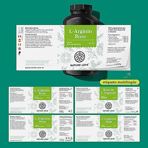 NATURE LOVE® L-arginina base con citrulina - 365 cápsulas - Arginina de origen vegetal en forma de BASE con una pureza del 99,7+% - Altamente dosificada, vegana y producida en Alemania