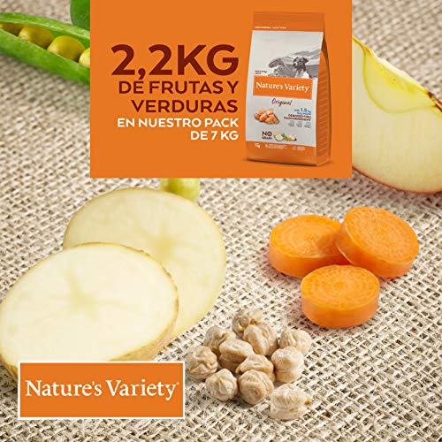 Nature's Variety Original No Grain, Pienso para Perros Adultos Pequeños, Sin cereales, con Salmón sin espinas, 7kg