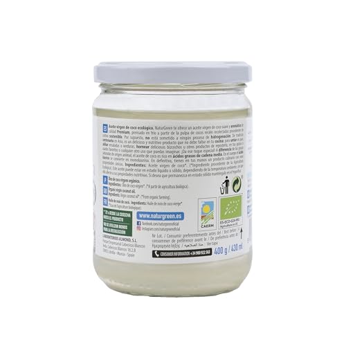 NATURGREEN Aceite de Coco Bio, Virgen Extra, Ideal para Cocinar, Hidrata Piel y Cabello, Ingredientes Naturales, Apto para Veganos, 430 ml/ 400 Gramos (1 Unidad)