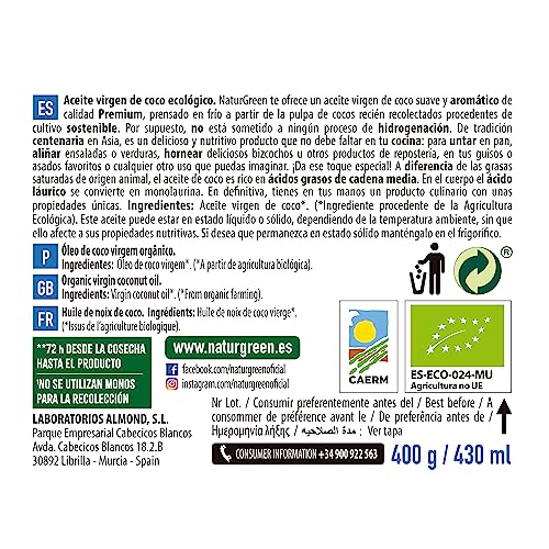 NATURGREEN Aceite de Coco Bio, Virgen Extra, Ideal para Cocinar, Hidrata Piel y Cabello, Ingredientes Naturales, Apto para Veganos, 430 ml/ 400 Gramos (1 Unidad)