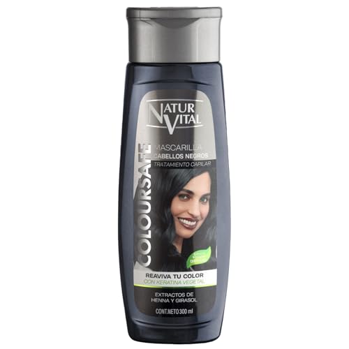 NaturVital - Mascarilla de Pelo ColourSafe, Sin Parabenos ni Siliconas, Coloración para Cabellos Negros, con Keratina Vegetal, Aporta Brillo y Protege el Color, 300 ml