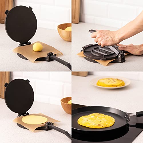 Navaris Máquina para tortillas - Prensa para hacer tortitas mexicanas para tacos burrito fajitas - Tortillera de hierro y acero inoxidable - 20 cm