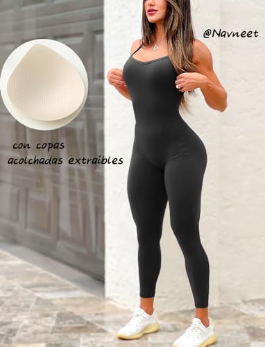 Navneet Mono Mujer Verano con Sujetador Espalda Descubierta Ropa Deportiva Jumpsuit Body Reductor Traje Deporte Yoga Negro S