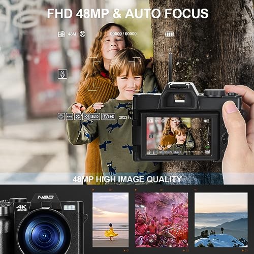 NBD Cámara Digital 48MP 4K HD compacta cámara Infantil con Tarjeta de 32 GB, Zoom Digital, 16 x Pantalla 3 '' 180°, Lente Gran Angular, cámara Adolescente Recargable portátil para Principiante