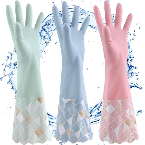 NC 3 pares PVC Guantes de Lavado sin Látex, Forro de Algodón, Brazo Largo, Reutilizable para Lavar Platos Limpieza de la Cocina Hogar,Coche, Baño (Rosa+ Azul+ Verde)