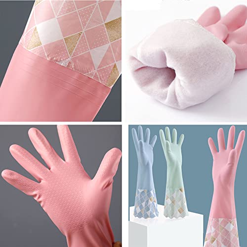 NC 3 pares PVC Guantes de Lavado sin Látex, Forro de Algodón, Brazo Largo, Reutilizable para Lavar Platos Limpieza de la Cocina Hogar,Coche, Baño (Rosa+ Azul+ Verde)