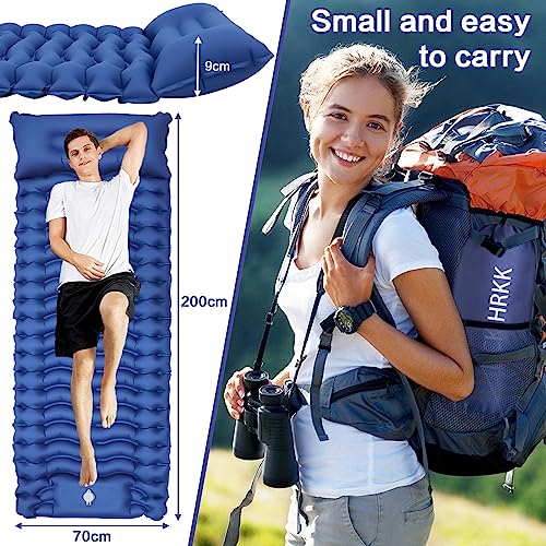 NCKIHRKK Colchon Hinchable Camping, 12 cm de Espesor Colchon Inflable Camping con Almohada, Esterilla Hinchable Camping con Bomba de Pie para Exteriores, Senderismo, Playa, Azul