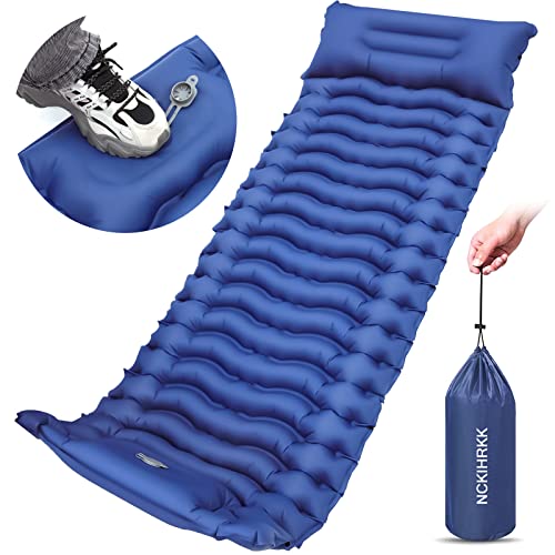 NCKIHRKK Colchon Hinchable Camping, 12 cm de Espesor Colchon Inflable Camping con Almohada, Esterilla Hinchable Camping con Bomba de Pie para Exteriores, Senderismo, Playa, Azul