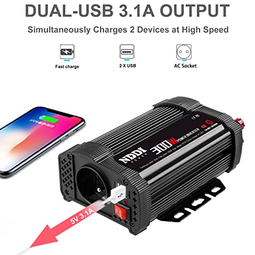 NDDI POWER 300W Inversor de Energía para Coche, Convertidor de CA de 12V a 230V, Auto, RV, Camping, Transformador con 1 EU Toma Y Dual Puertos USB 5V/2.4A para iPhone, iPad Y Tableta