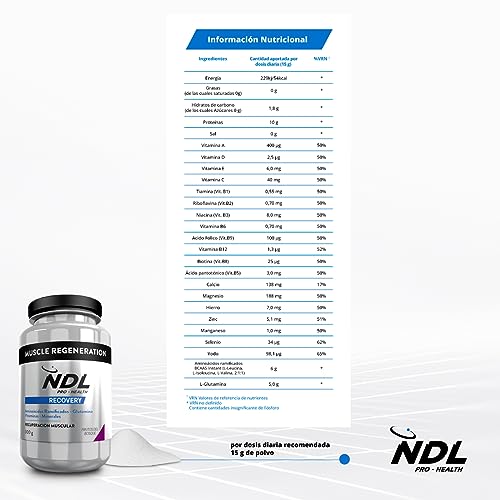 NDL Pro-Health Muscle Regeneration - BCAA (2:1:1) glutamina, antiinflamatorio y antioxidante, recuperación muscular post entreno, frutas del bosque, polvo, 20 dosis, 300g