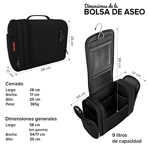 Neceser XXL para Viaje [9 litros de Espacio, Diseño 2024] - Neceser Mujer y Hombre Colgante, Bolsa de Aseo Ideal para Maquillaje y Organización (Negro)