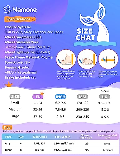 NEMONE Patines de ruedas ajustables de 4 tamaños para niñas con 8 ruedas iluminadas, ruedas moradas y azules para niños, interior interior para principiantes y exteriores