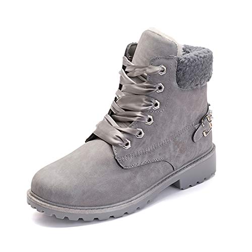 NEOKER Botas Nieve Mujer Otoño Invierno Calentar Piel Forro Botines Retro Snow Boots Cordones Zapatillas Planas Gris 37