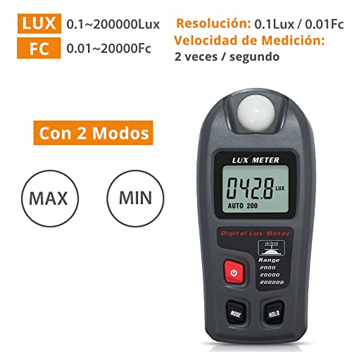 Neoteck Medidor de Lúmenes 200,000 LUX/20,000 FC Medidor de Lux con Pantalla LCD Medidor de Iluminación con Retención de Datos Luxómetro Digital de Alta Precisión para Fábrica, Almacén y Laboratorio