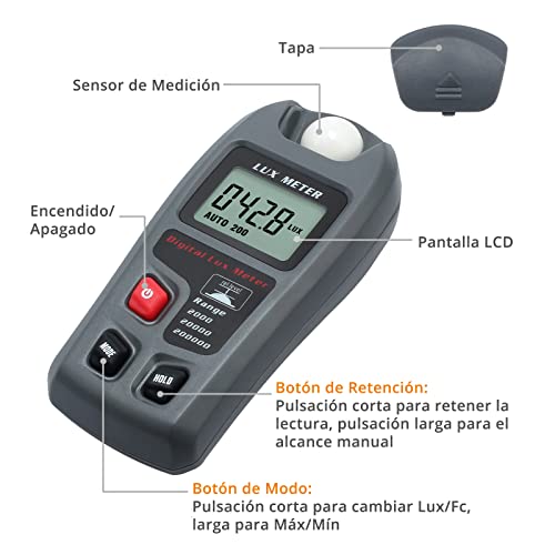 Neoteck Medidor de Lúmenes 200,000 LUX/20,000 FC Medidor de Lux con Pantalla LCD Medidor de Iluminación con Retención de Datos Luxómetro Digital de Alta Precisión para Fábrica, Almacén y Laboratorio