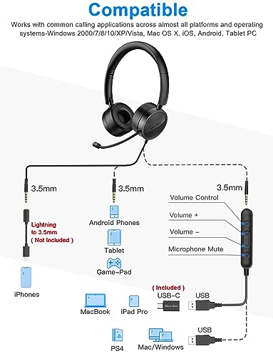 New Bee Auriculares Micrófono PC Auriculares Telefono USB/3.5mm Cancelación de Ruido & Sonido estéreo Claro Cascos Business para Skype Softphone Centros de Llamadas Cursos Online(1 Pieza)