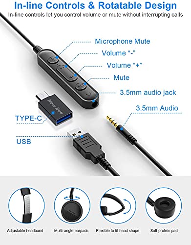 New Bee Auriculares Micrófono PC Auriculares Telefono USB/3.5mm Cancelación de Ruido & Sonido estéreo Claro Cascos Business para Skype Softphone Centros de Llamadas Cursos Online(1 Pieza)