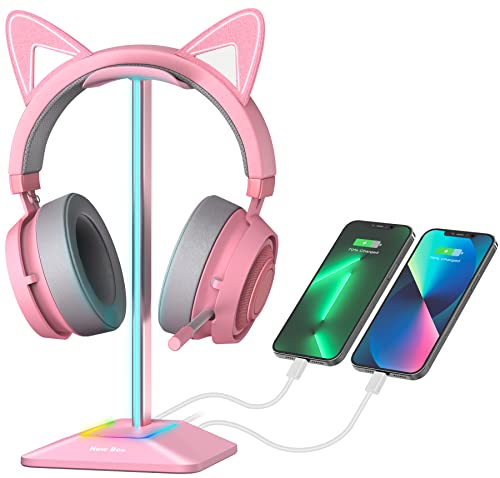 New Bee Soporte Auriculares, Soporte Cascos Gaming RGB para Juegos con Cargador USB Tipo C y Transferencia de Datos, Universal, para Todos los Auriculares de Escritorio(Rosa)